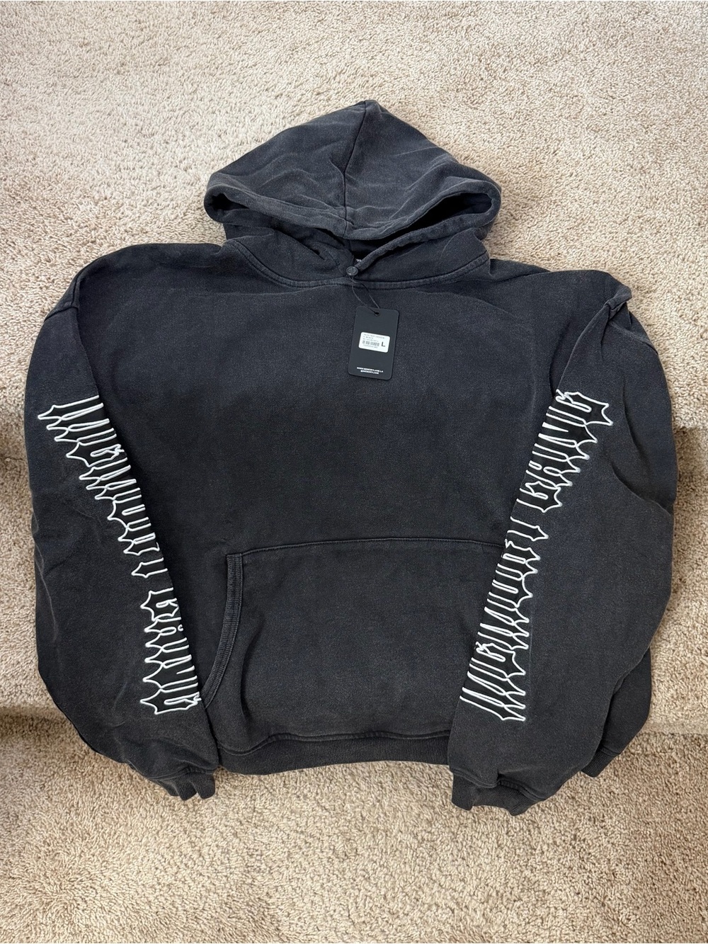 Men's Black Pullover Hoodie with White Sleeve Graphic